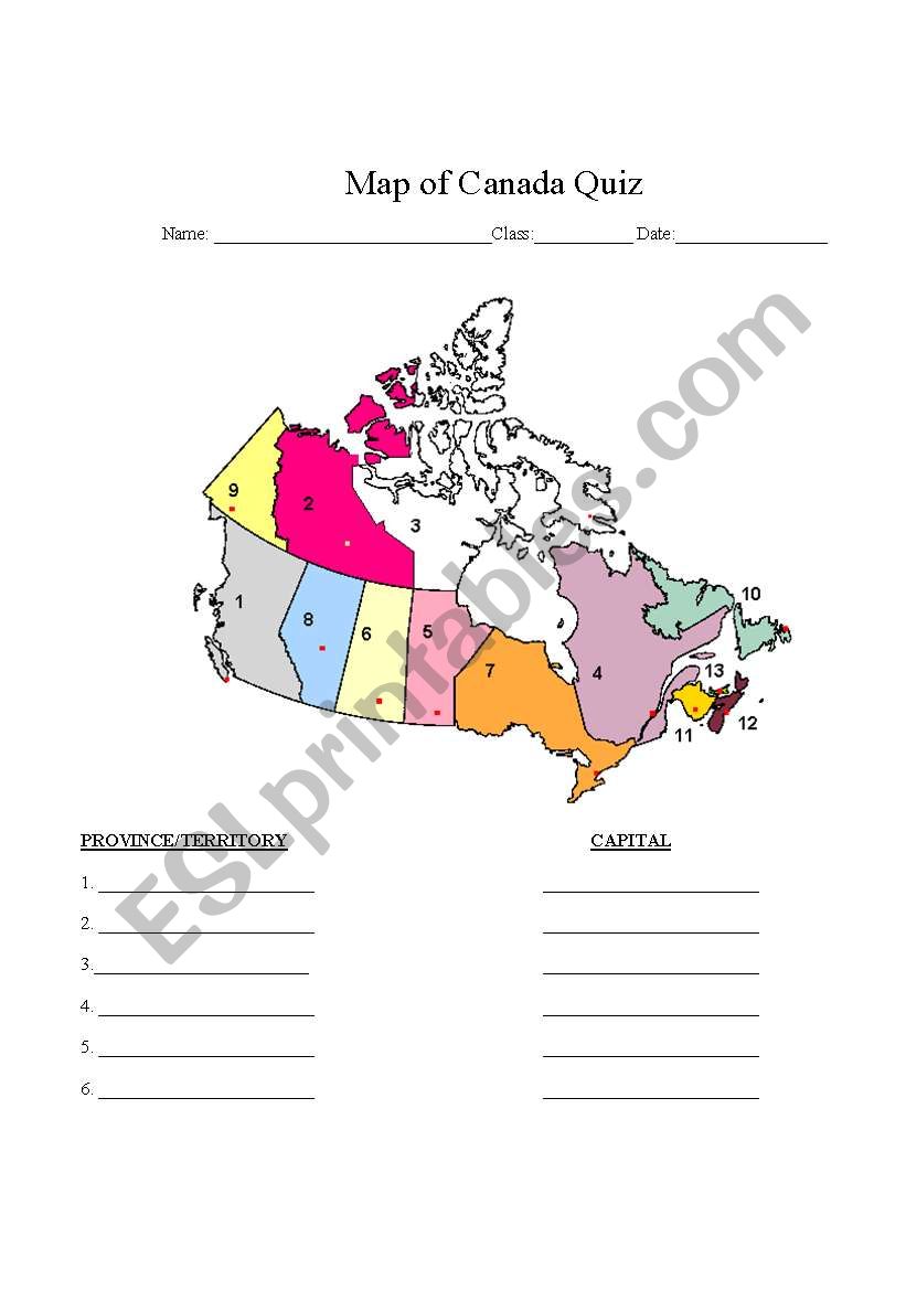 Map of Canada Quiz worksheet