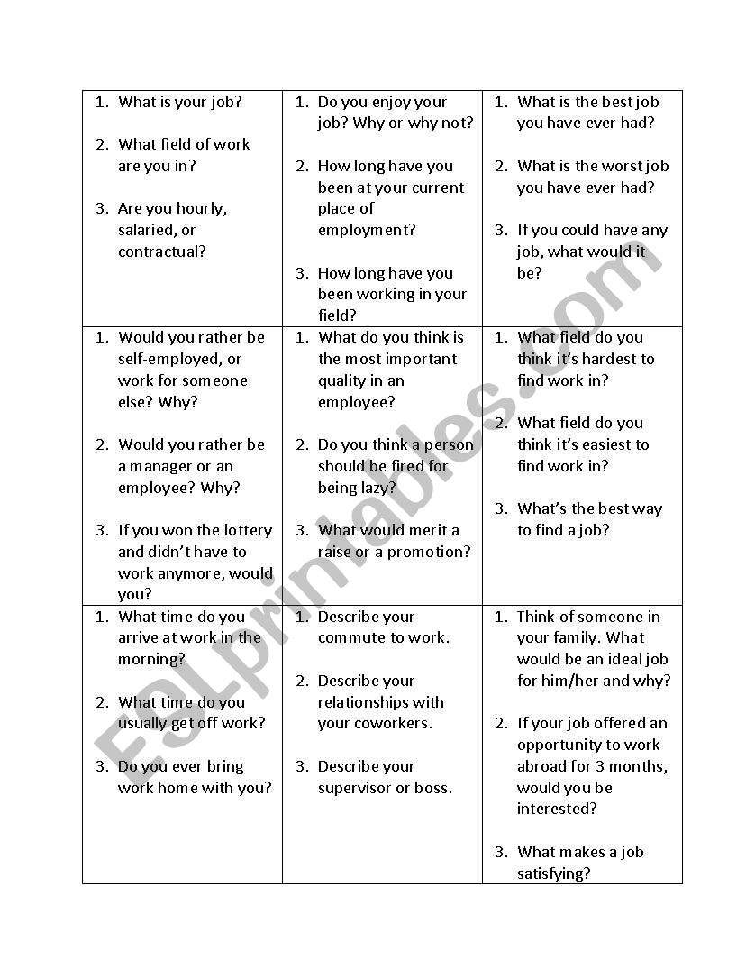 Job/Employment Unit Tic-Tac-Toe Question Set