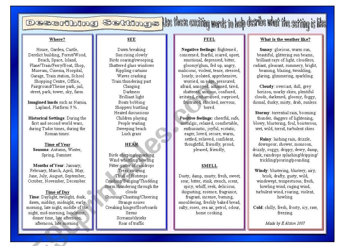 Describi,g settings. worksheet