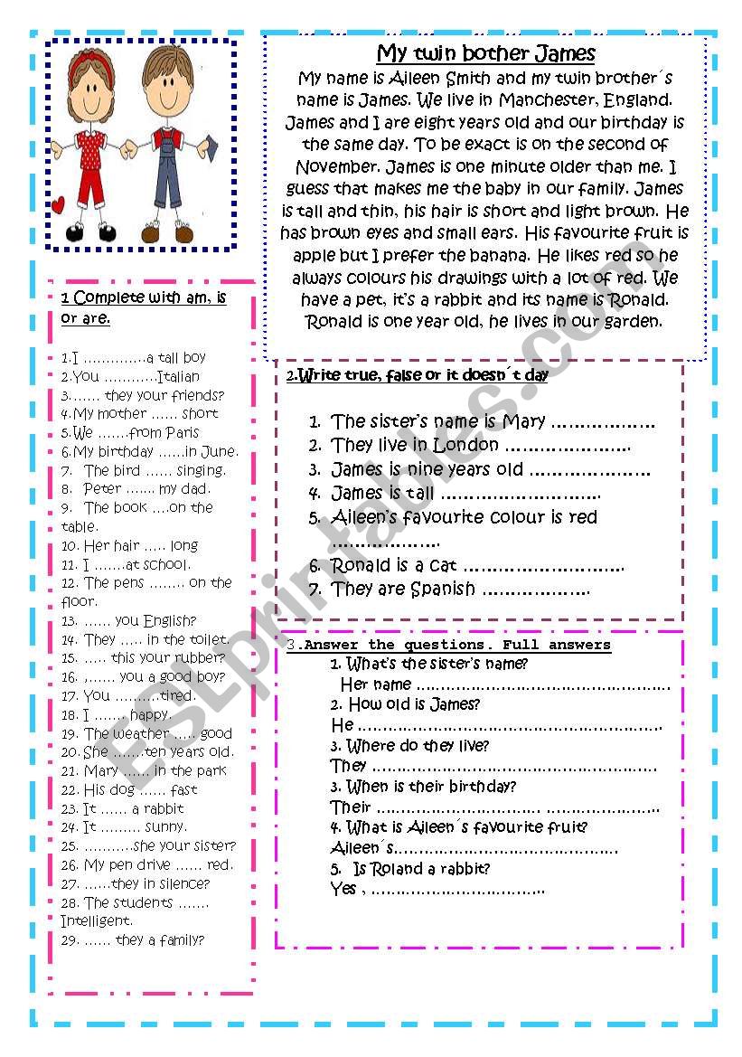 MY TWIN BROTHER JAMES-READING worksheet