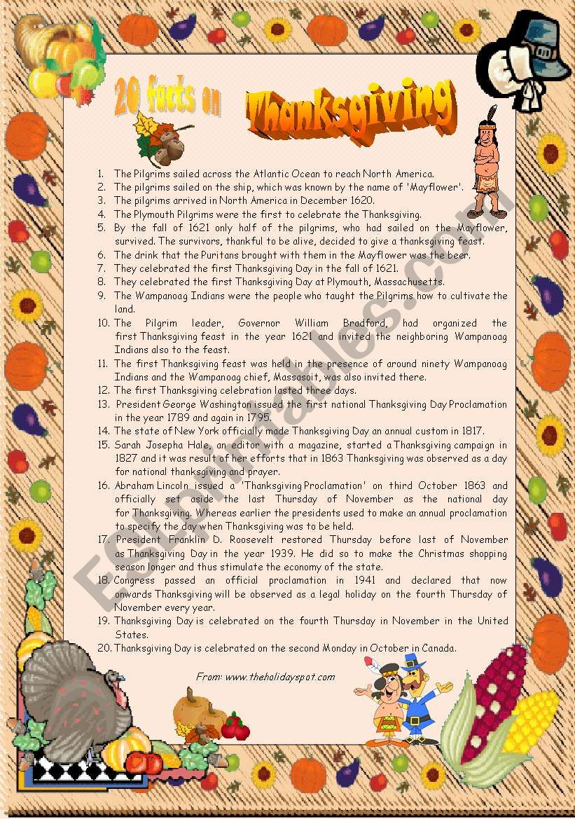 Thanksgiving set 3 - 20 Facts on Thanksgiving - Reading comprehension