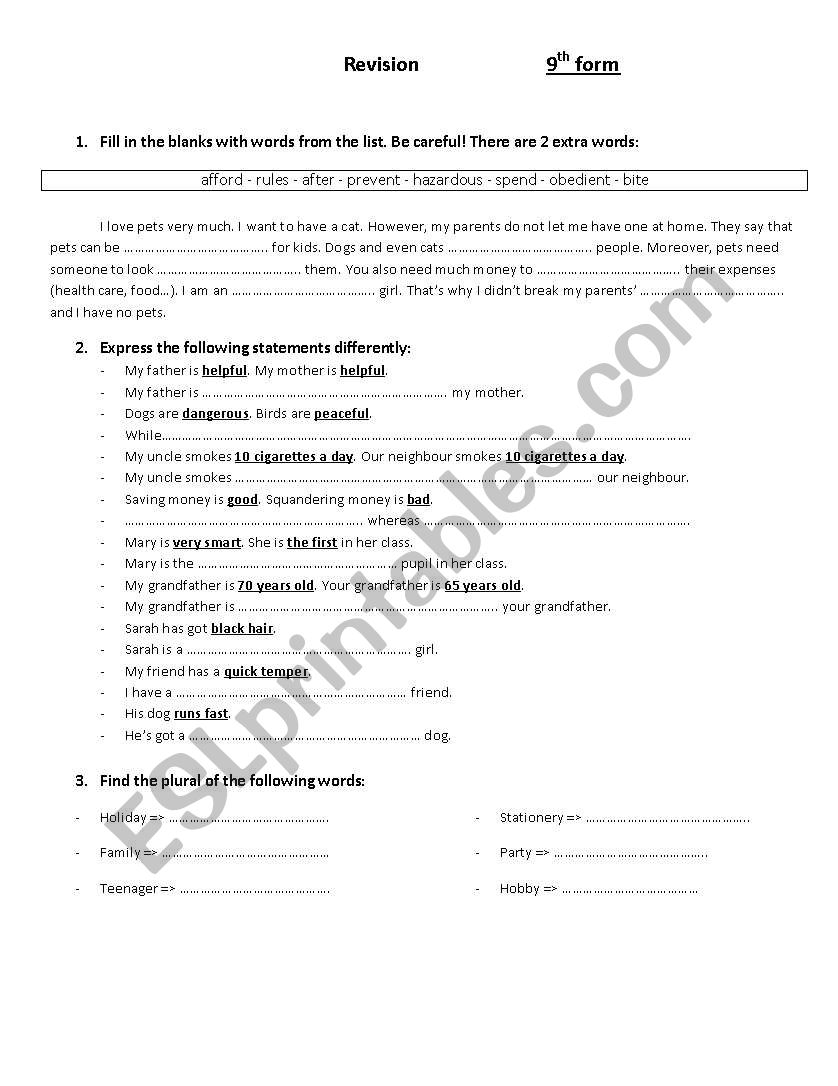 Revision (9th form worksheet) worksheet