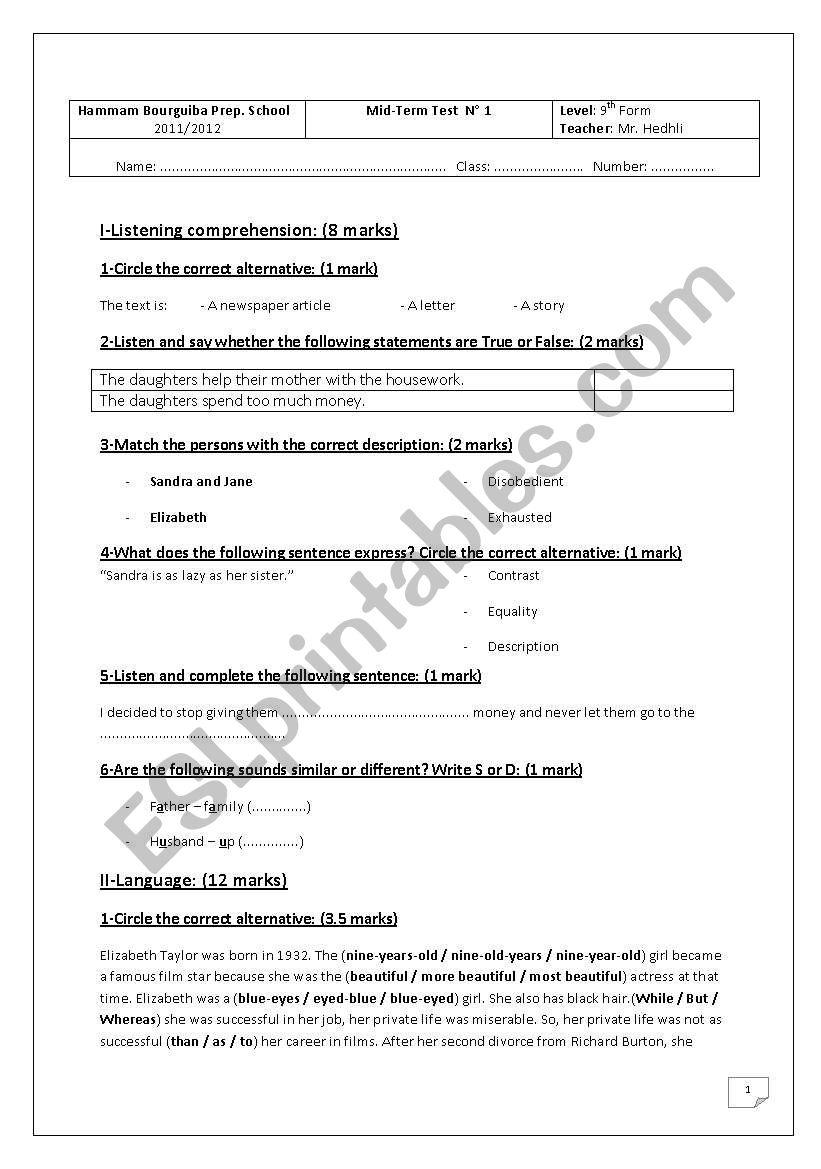 Mid-term Test N° 1 (9th form) - ESL worksheet by tunlish