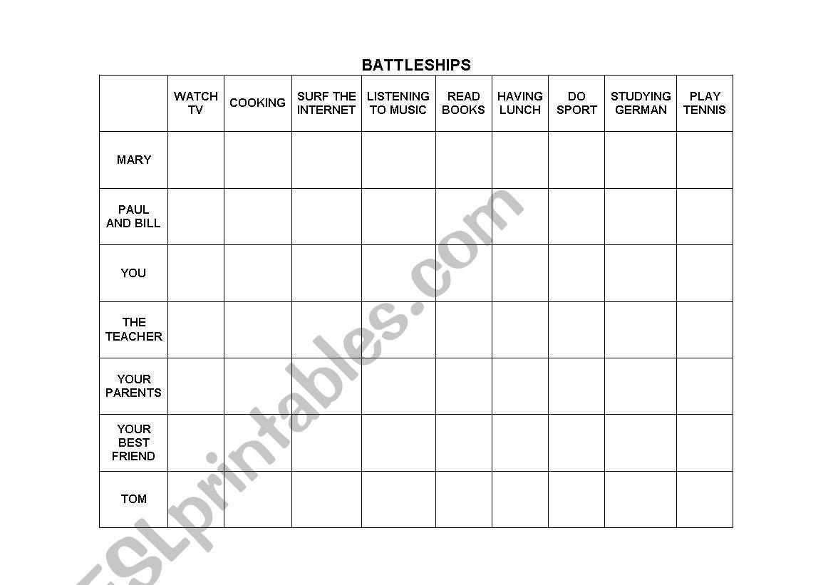 Battleships Game worksheet