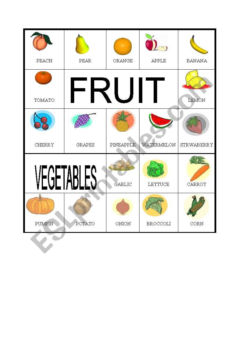 fruit and vegetables bingo worksheet