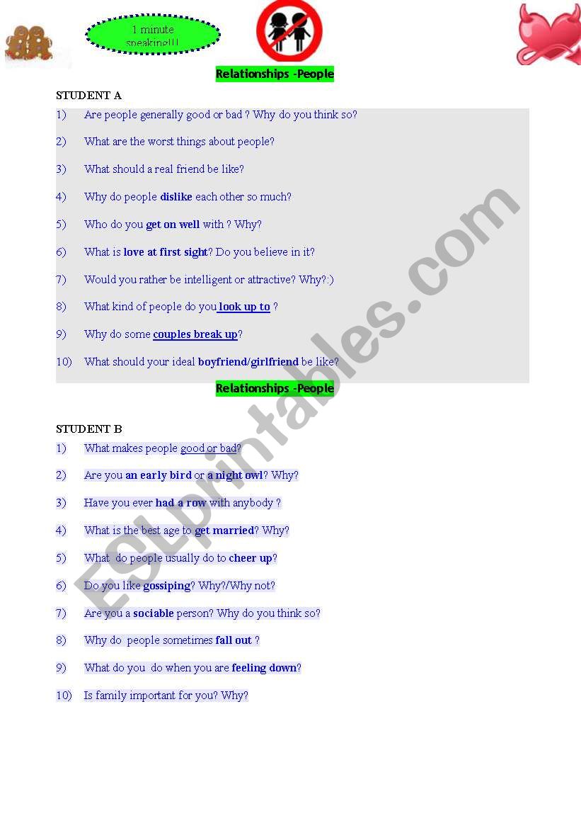 Relationships - conversation. worksheet