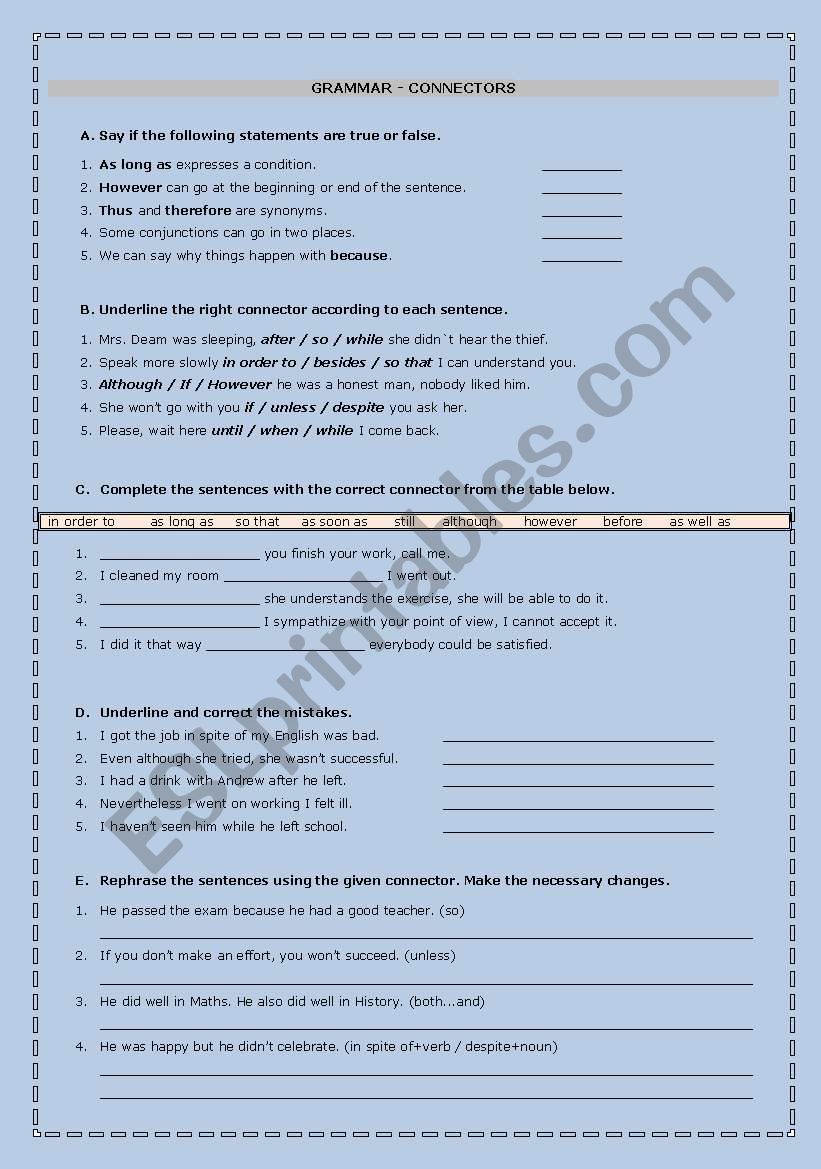 Connectors worksheet