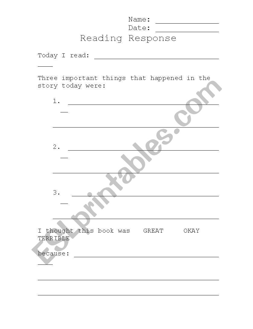 Simple Reading Response worksheet