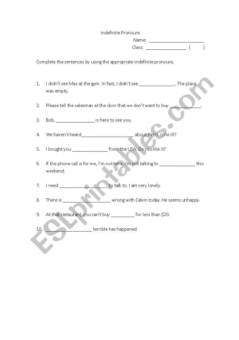 Indefinite Pronoun worksheet