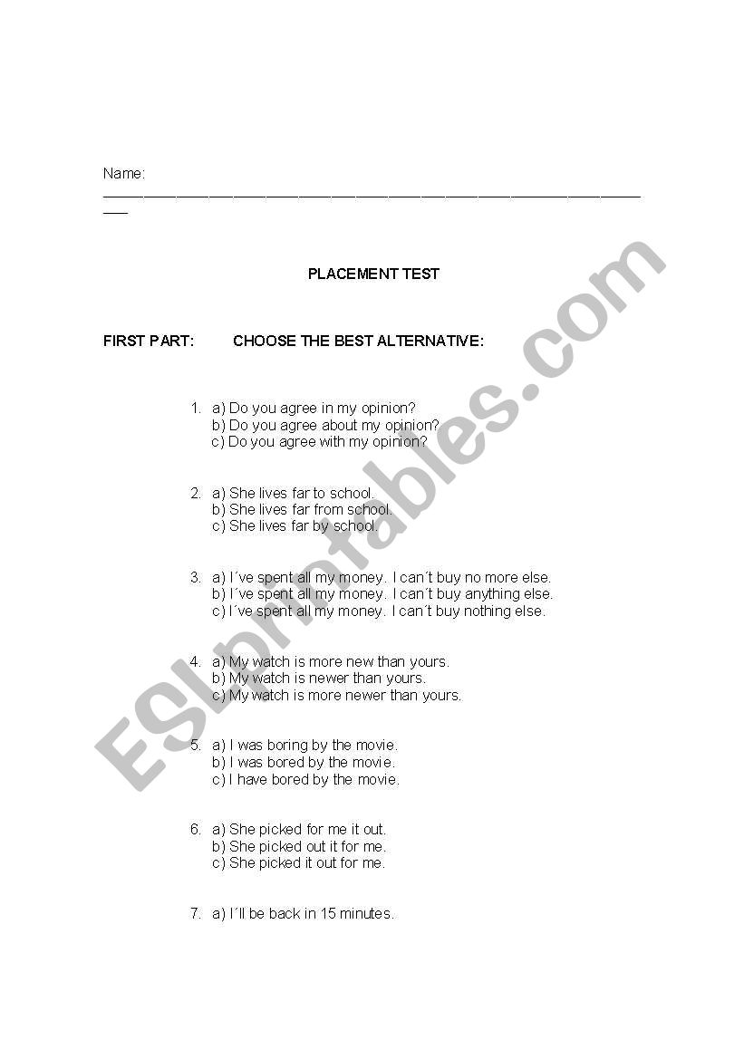 Placement Test worksheet