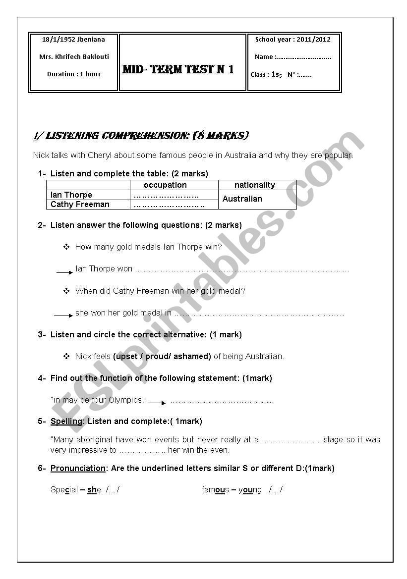 mid-term test n1 (1st year ) worksheet