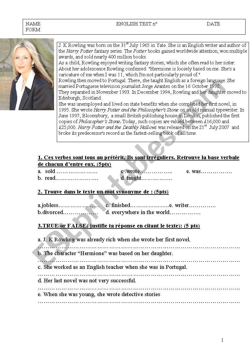 JK ROWLING biography worksheet