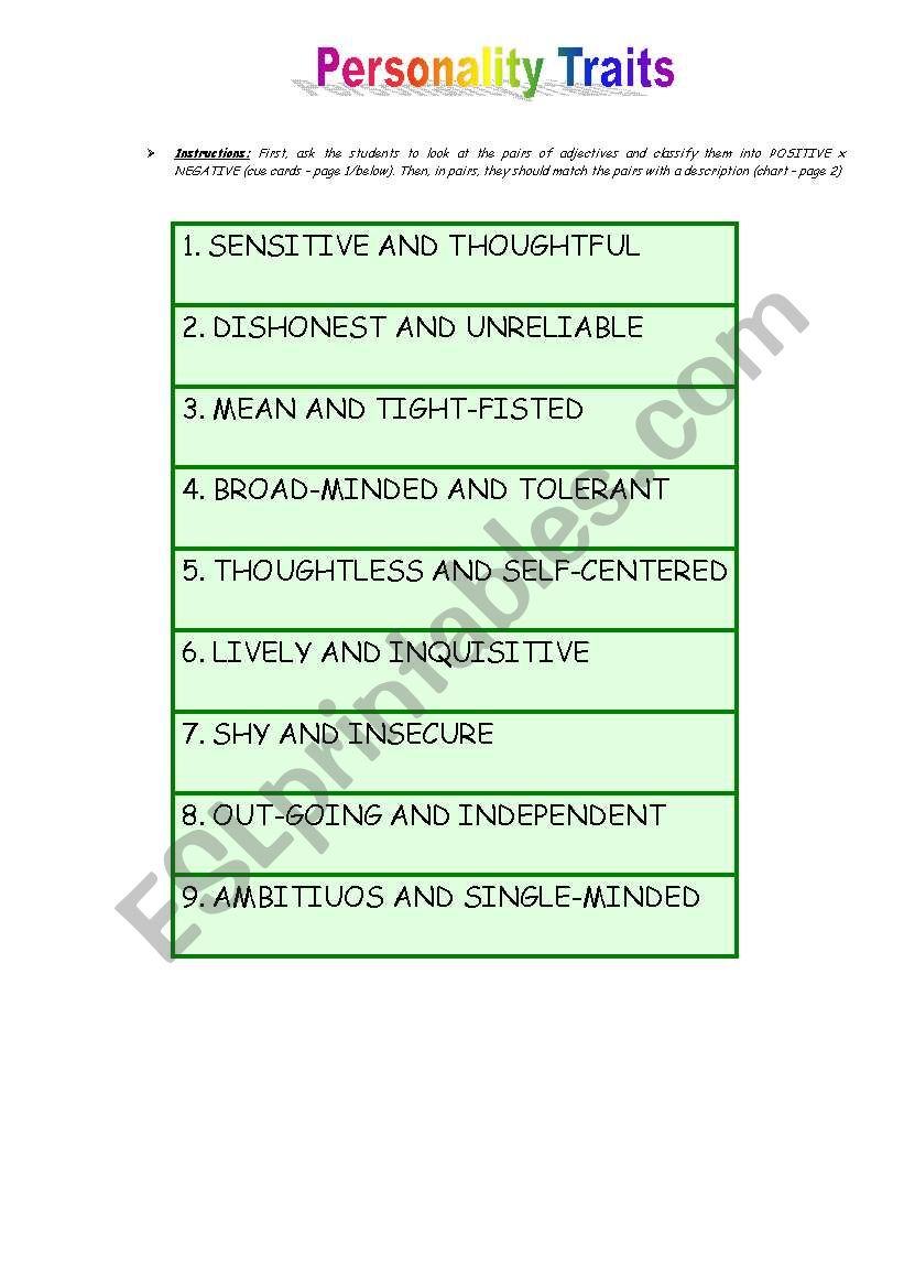 Personality Traits worksheet