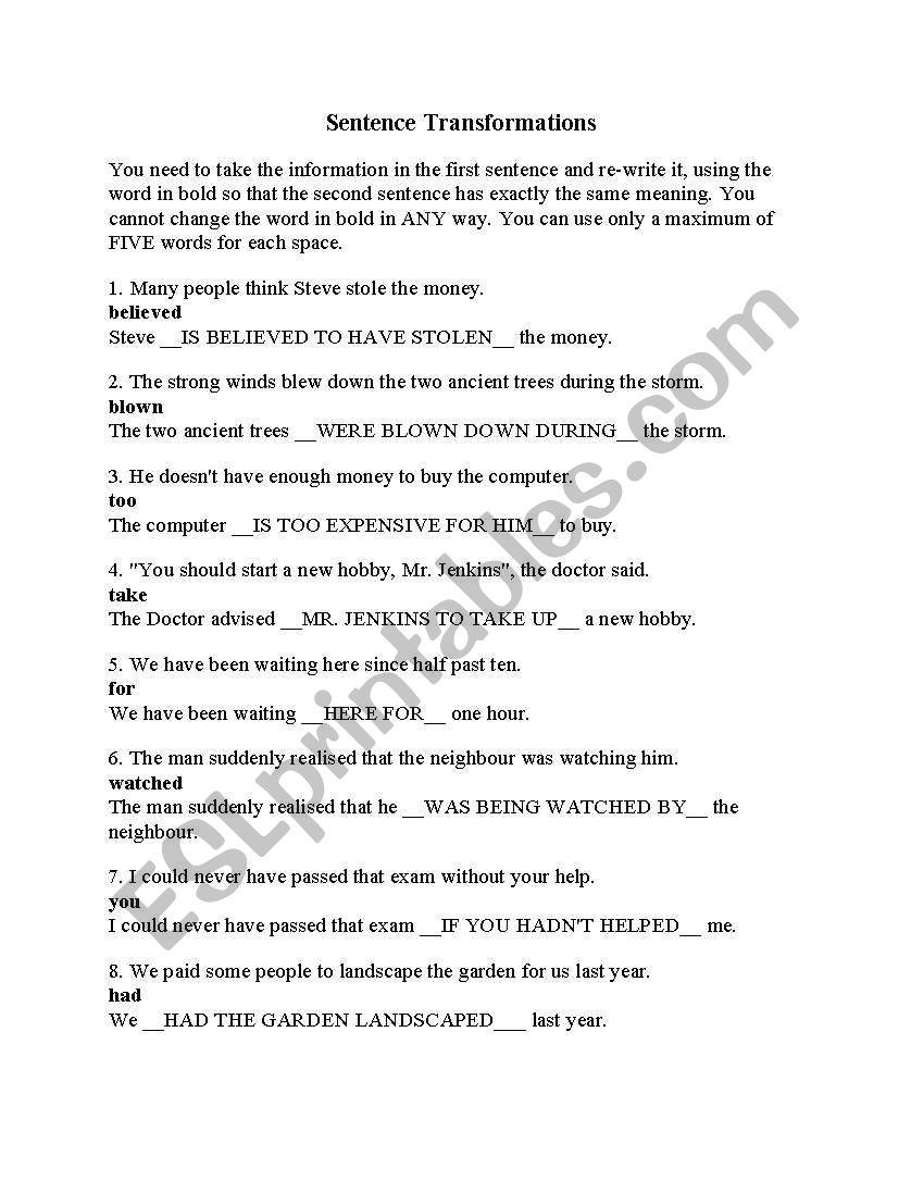 sentence transformations worksheet