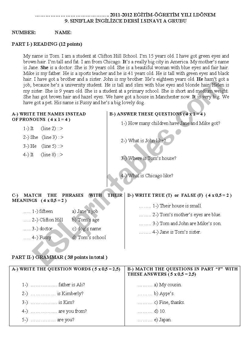 Written exam worksheet