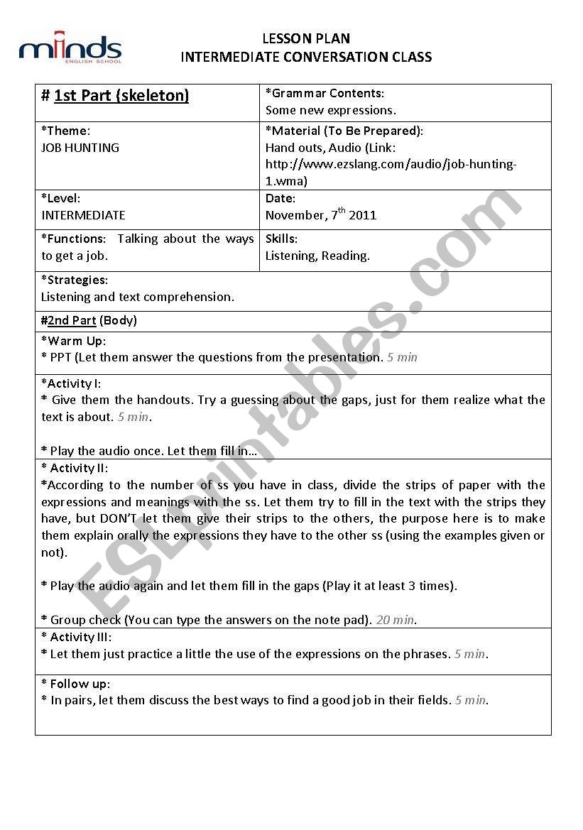 Job hunting worksheet