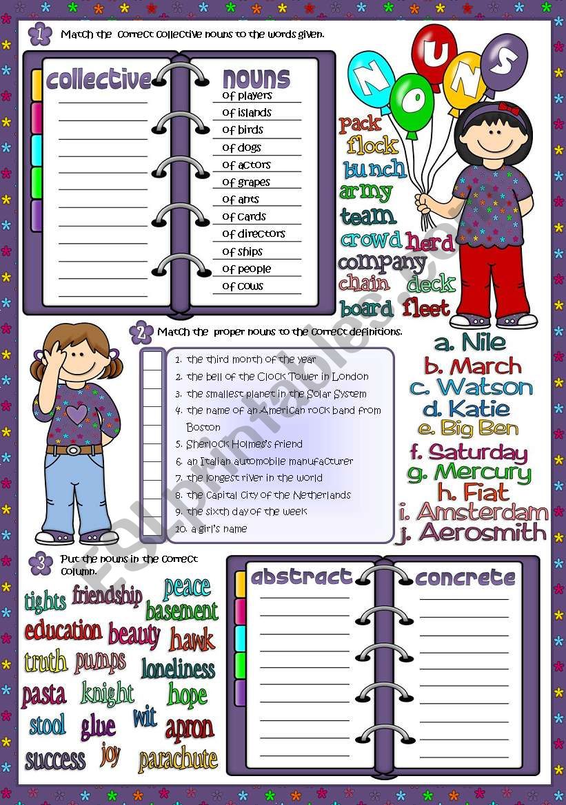 Parts of speech - NOUNS 2 *Collective; Proper; Abstract - Concrete* (Greyscale + KEY included)