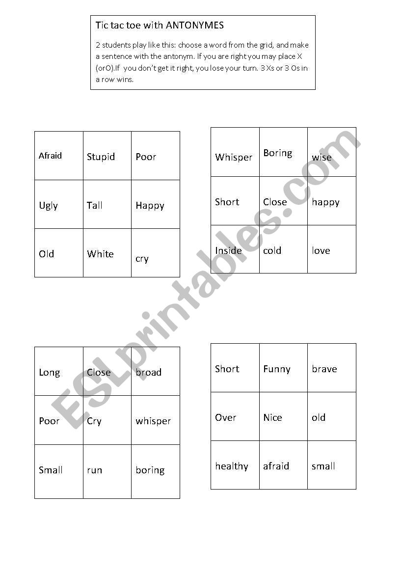 Tic-Tac-Toe with ANTONYMES (opposites)
