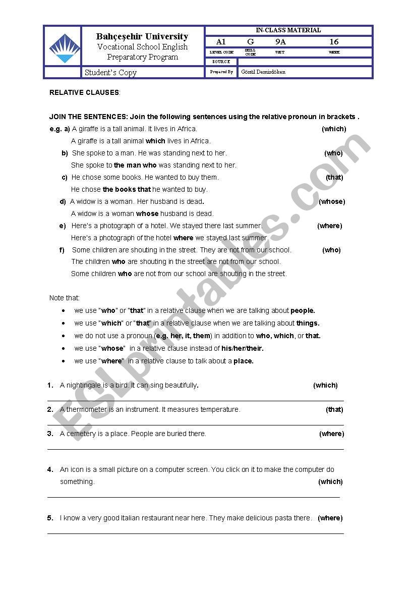 relative clause worksheet