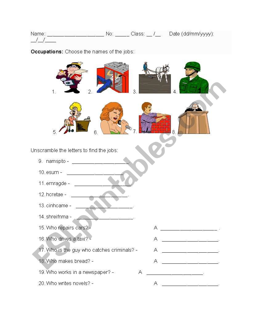 Occupation Worksheet worksheet