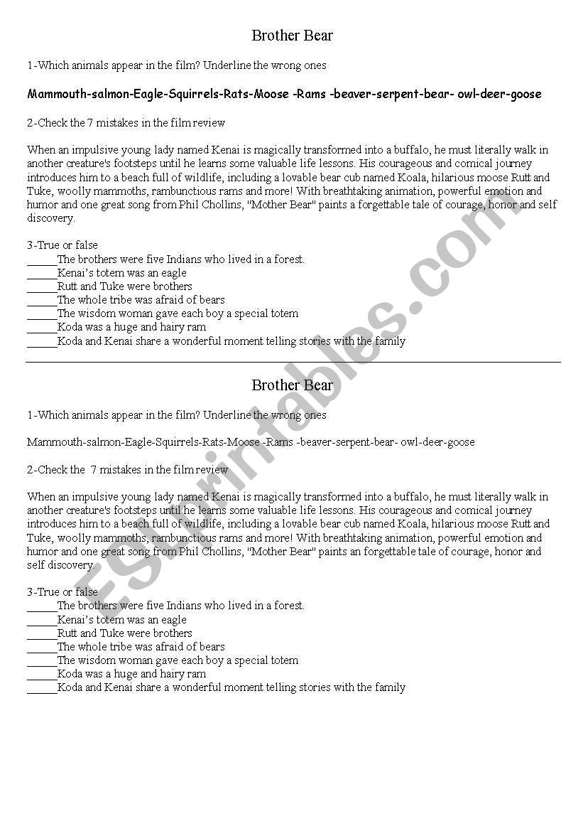 Tarzan Disney movie worksheet