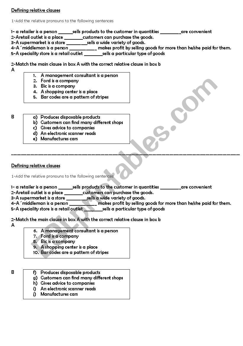 Defining Relative clauses worksheet