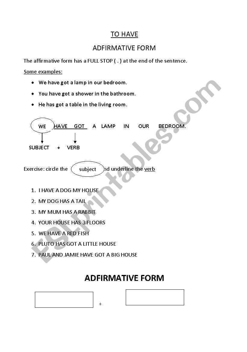 to have, adfirmative form worksheet