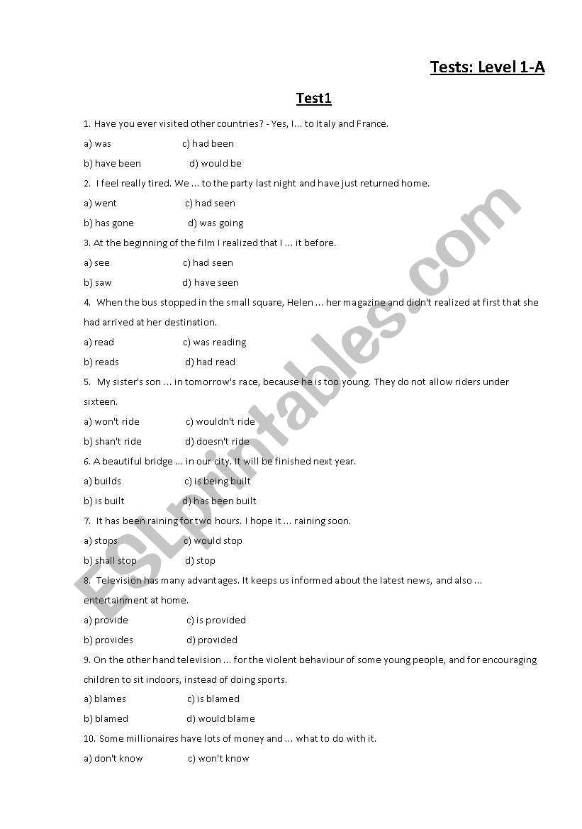 Tests: Level 1-A worksheet