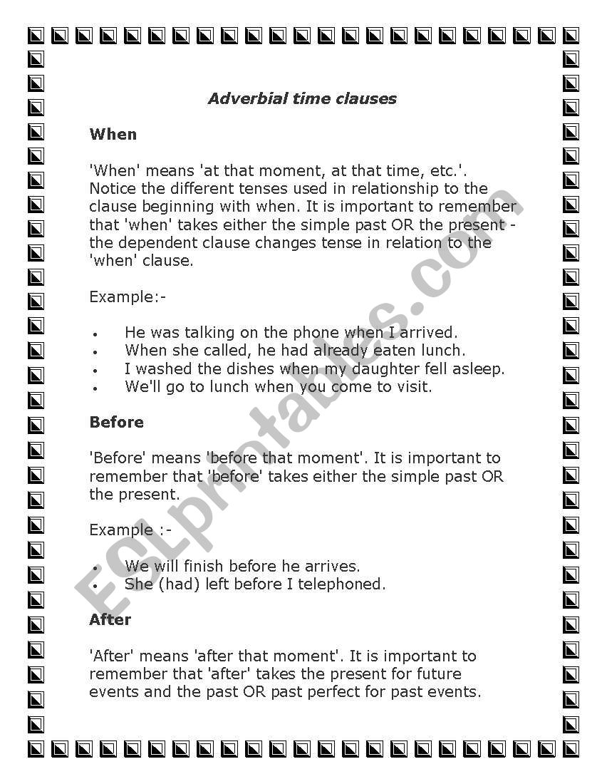 adverbial time clauses  worksheet