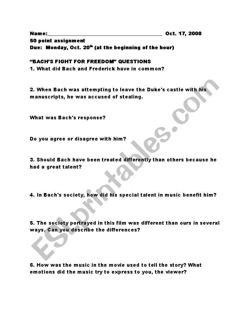 Bachs Fight for Freedom worksheet