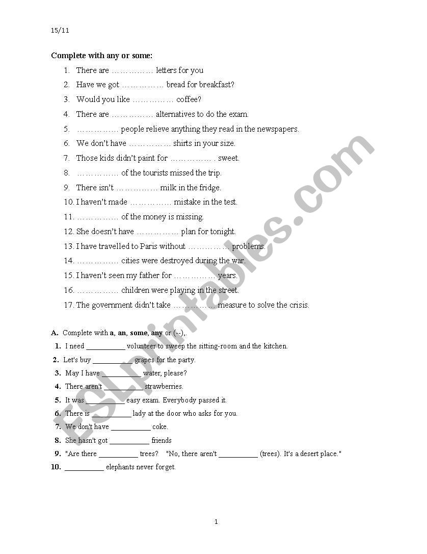 Any, Some, A/an worksheet