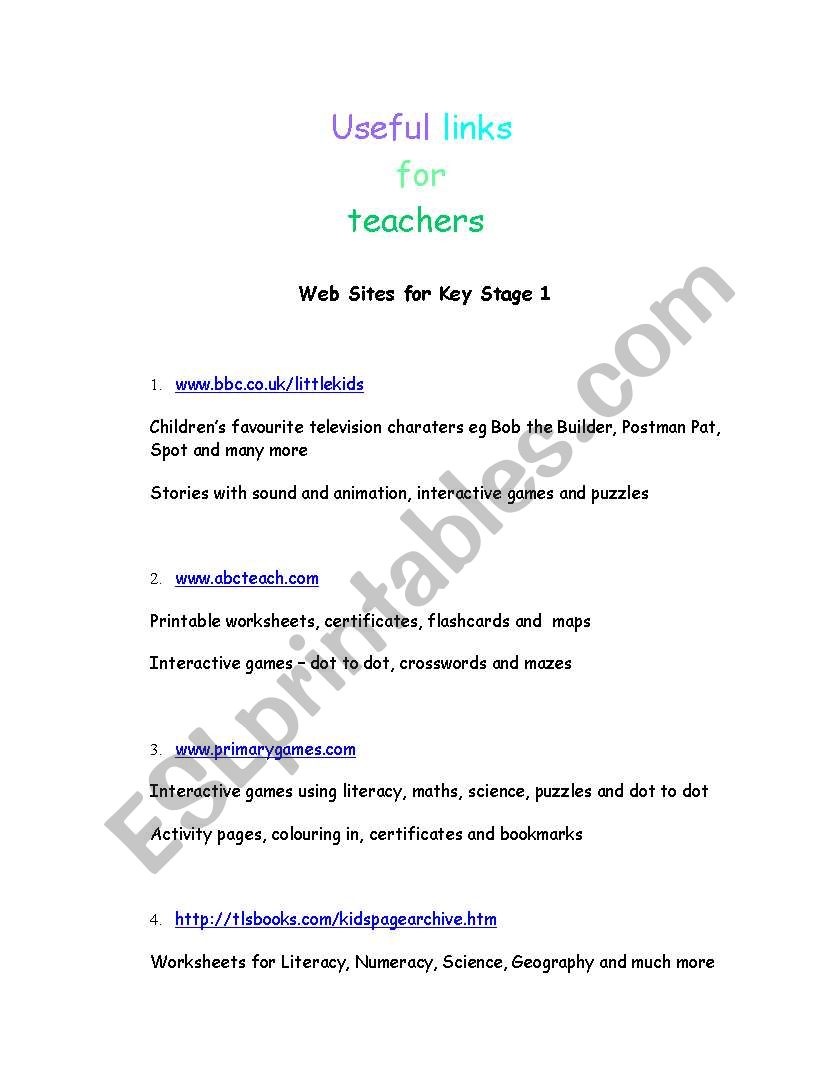 Useful Links for Teachers worksheet
