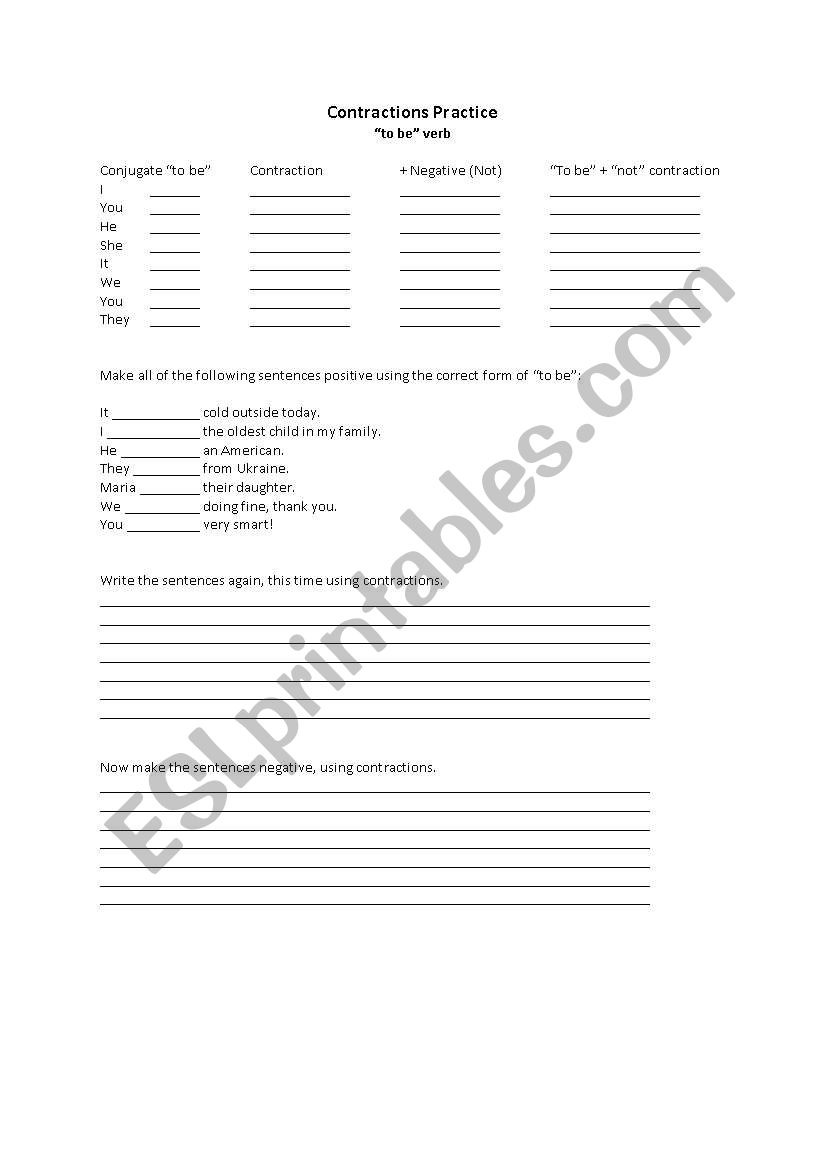 Contractions Practice worksheet