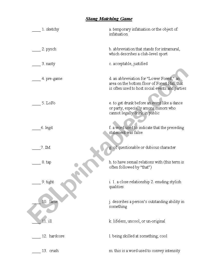 Slang matching worksheet