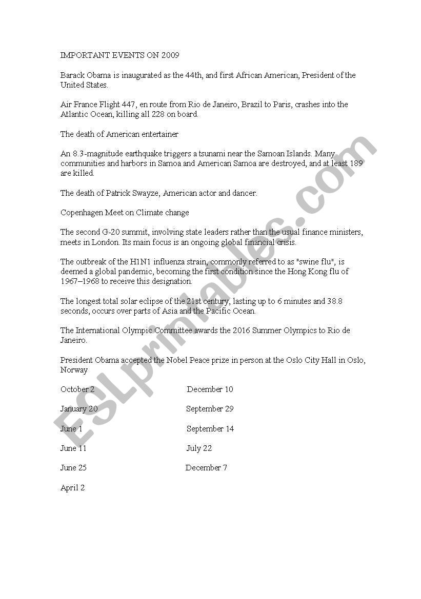 IMPORTANT EVENTS ON 2009 worksheet