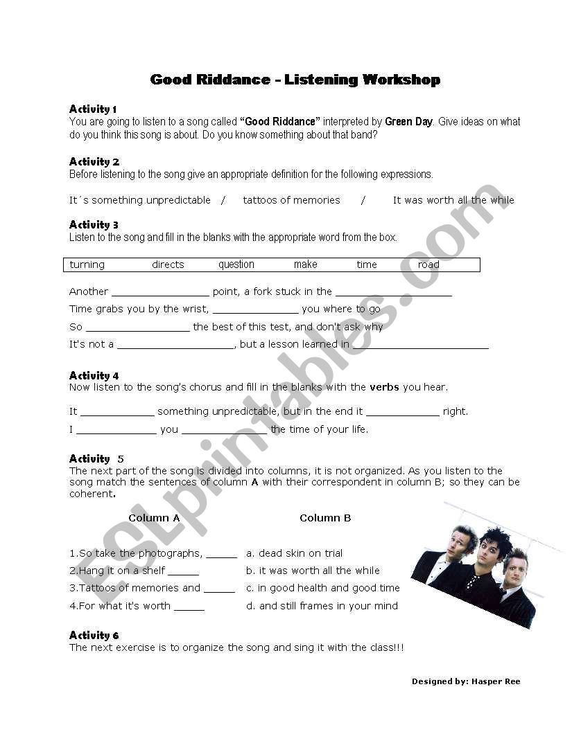 Good Riddance (song) worksheet