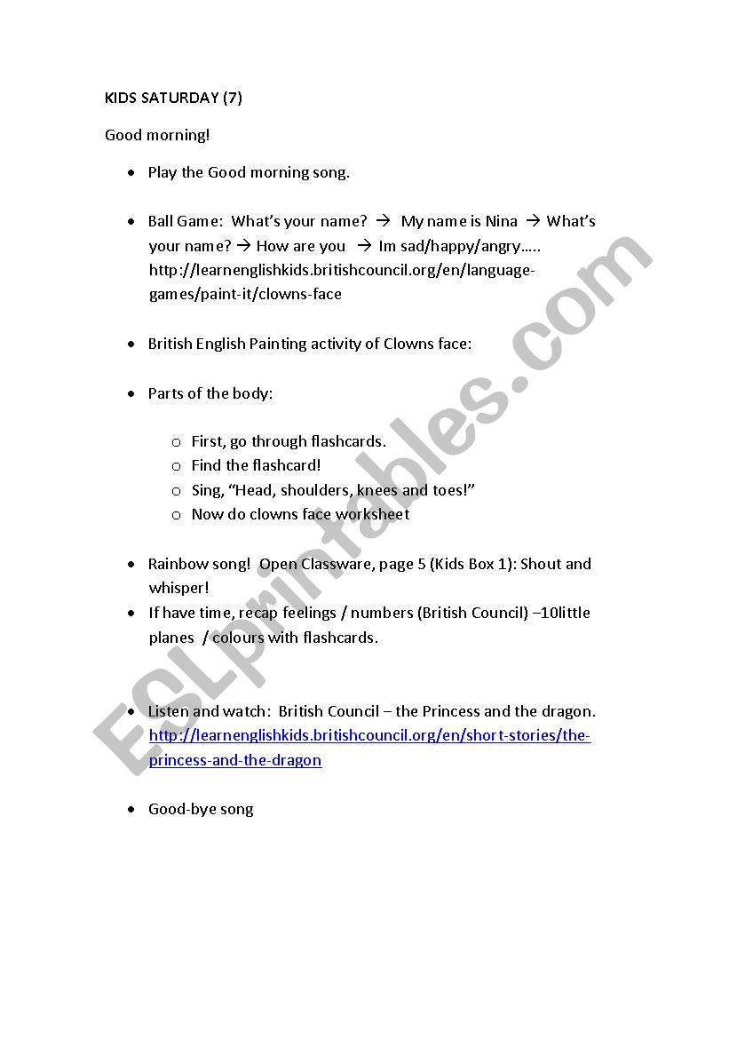 Kids Saturday worksheet
