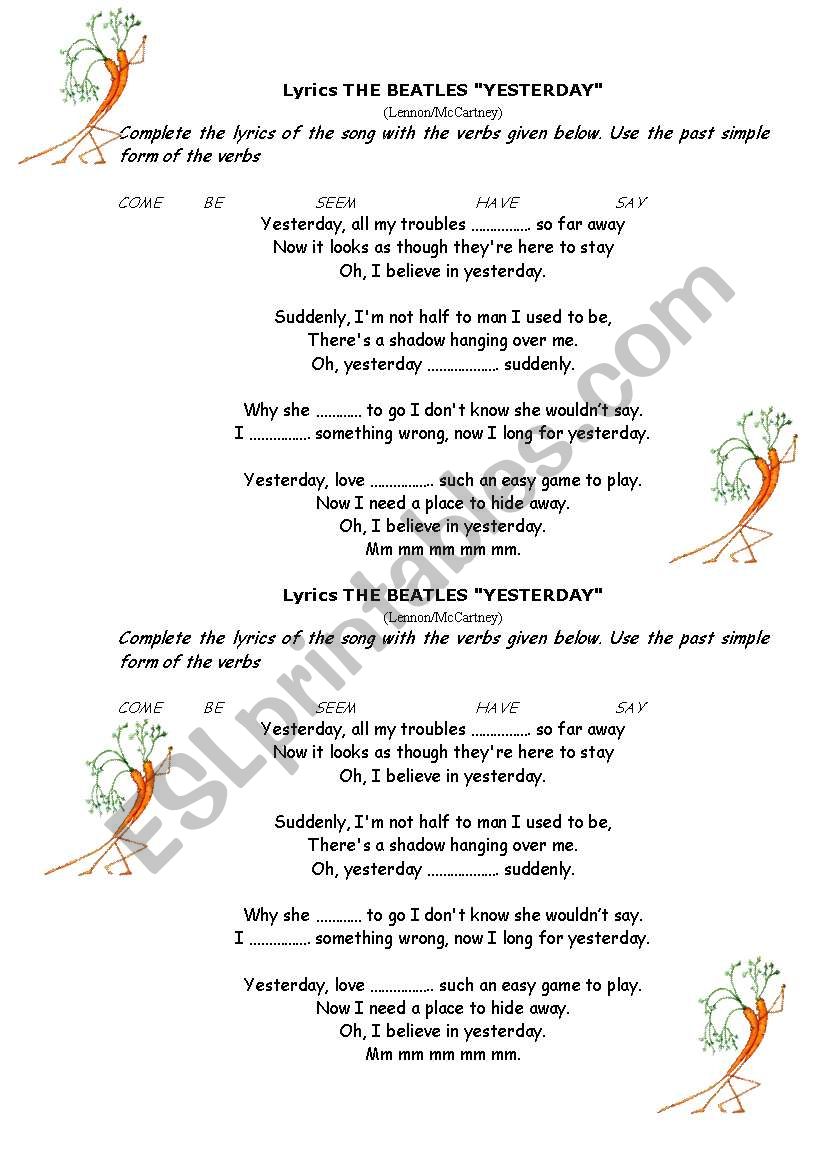 Song Yesterday worksheet