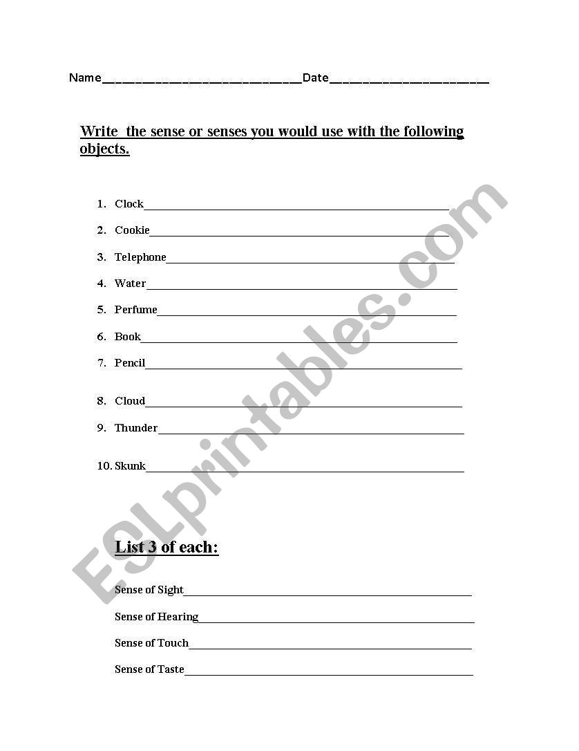 5 Senses worksheet