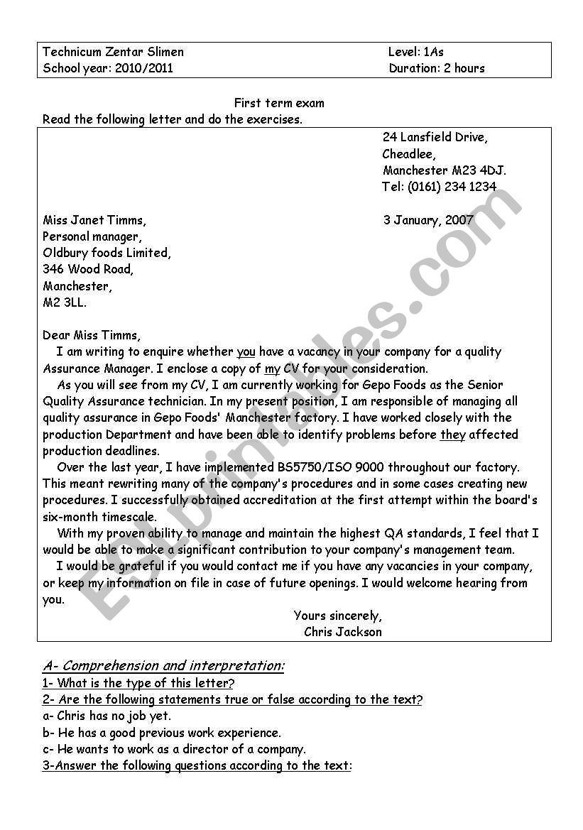 First term examination worksheet