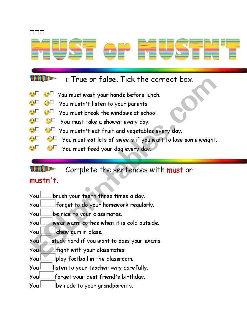 Must or MusnÂ´t  worksheet
