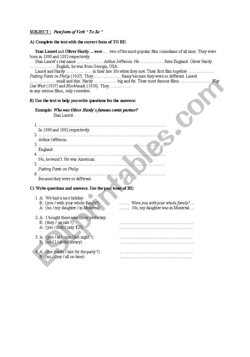 Past of to be worksheet