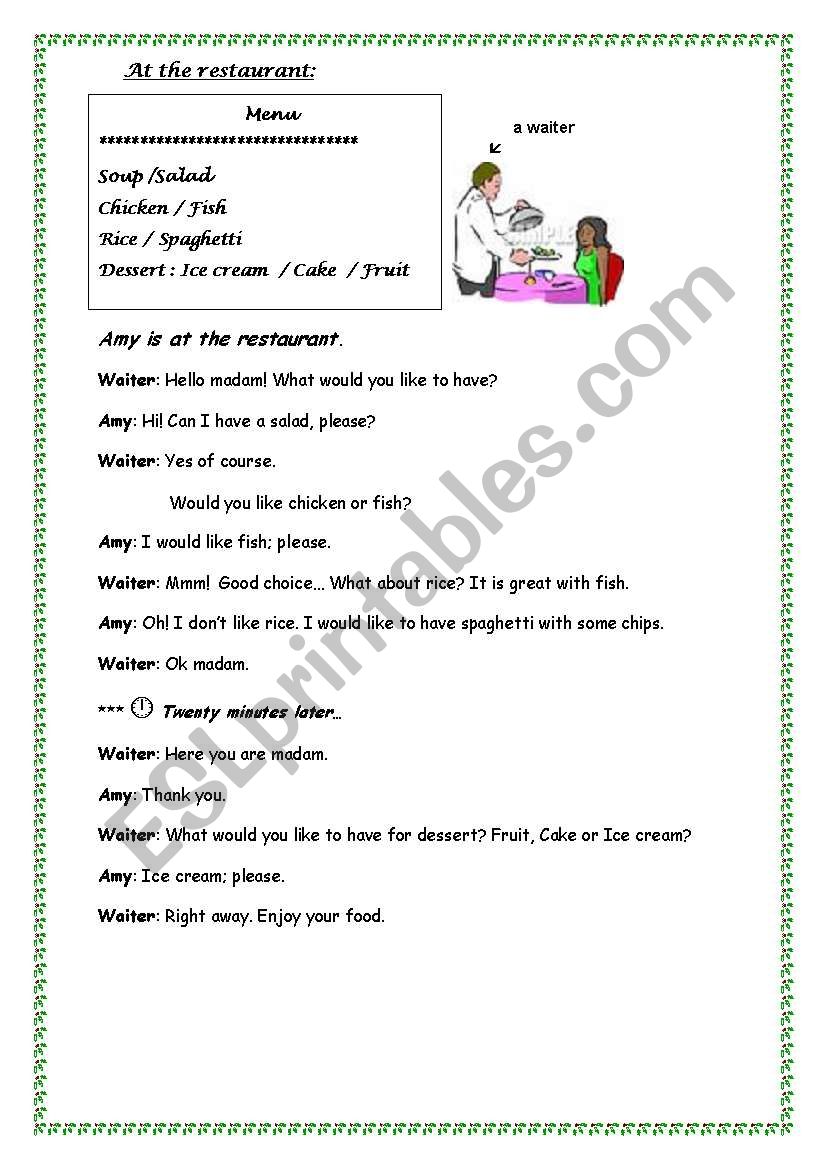At the restaurant worksheet