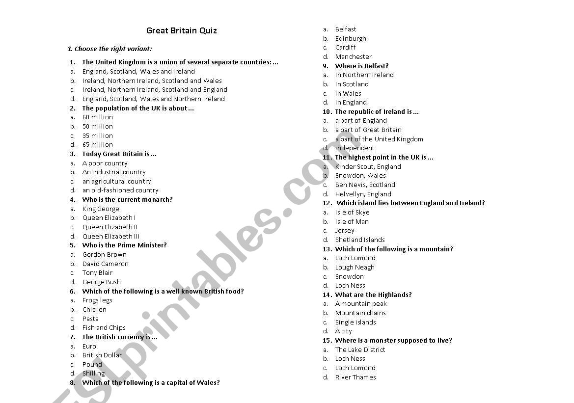 The UK quiz worksheet