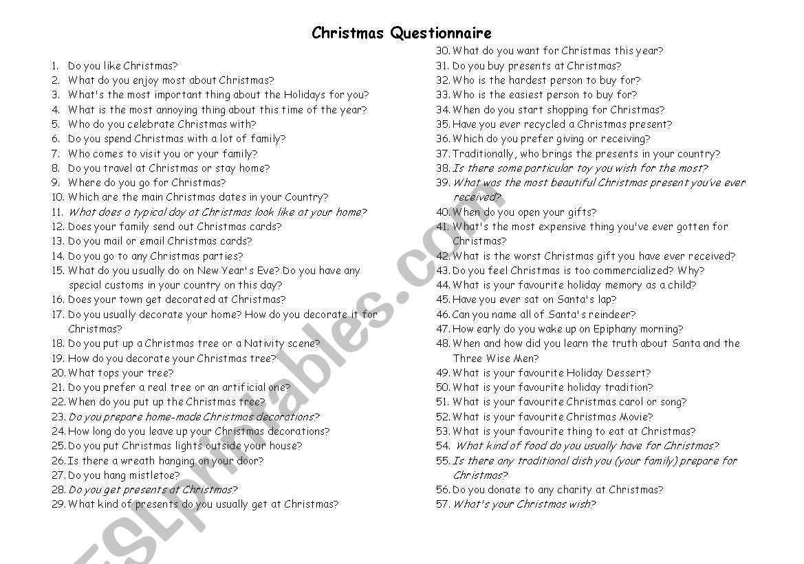 Christmas questionnaire worksheet