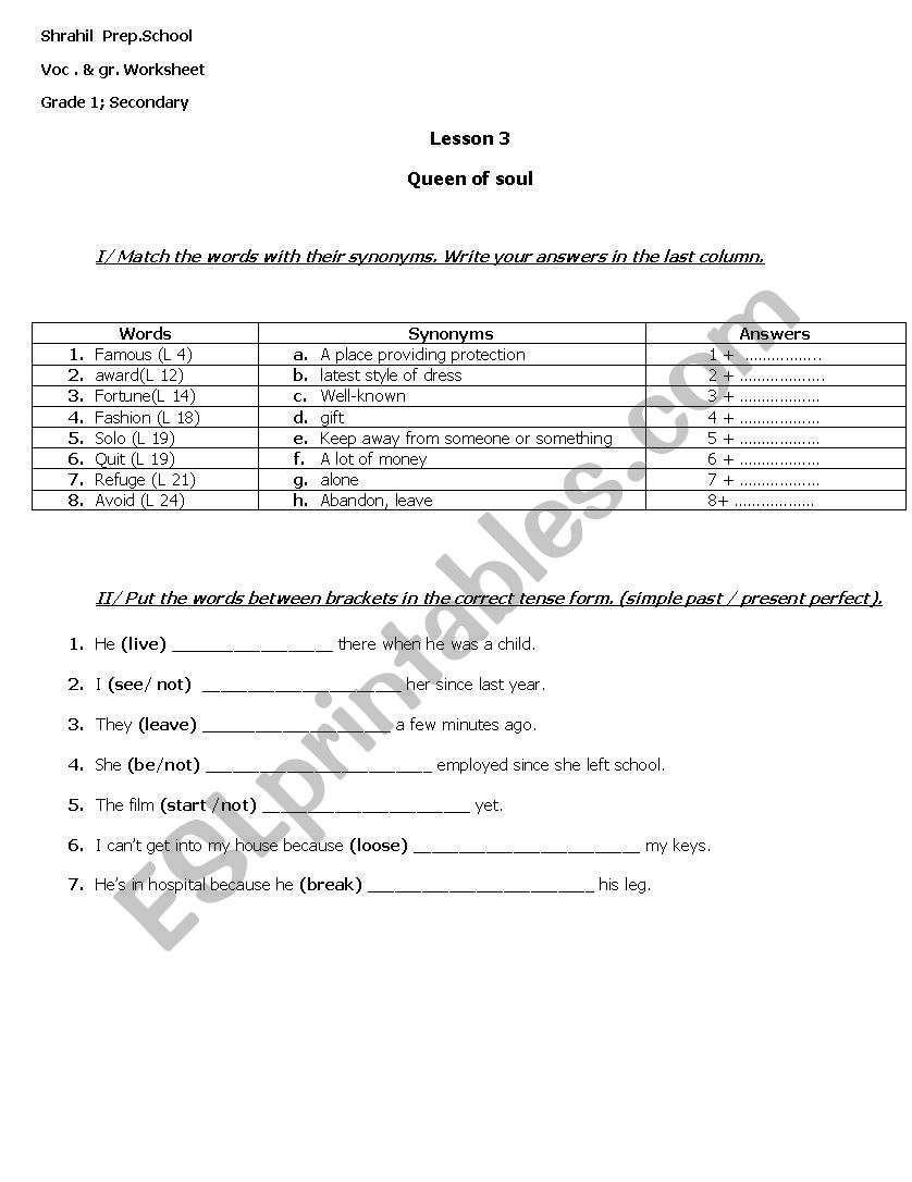 voc and Gr worksheet Grade 1 secondary Queen of Soul