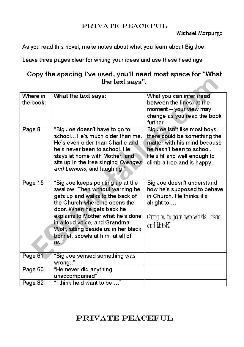 Private peaceful worksheet
