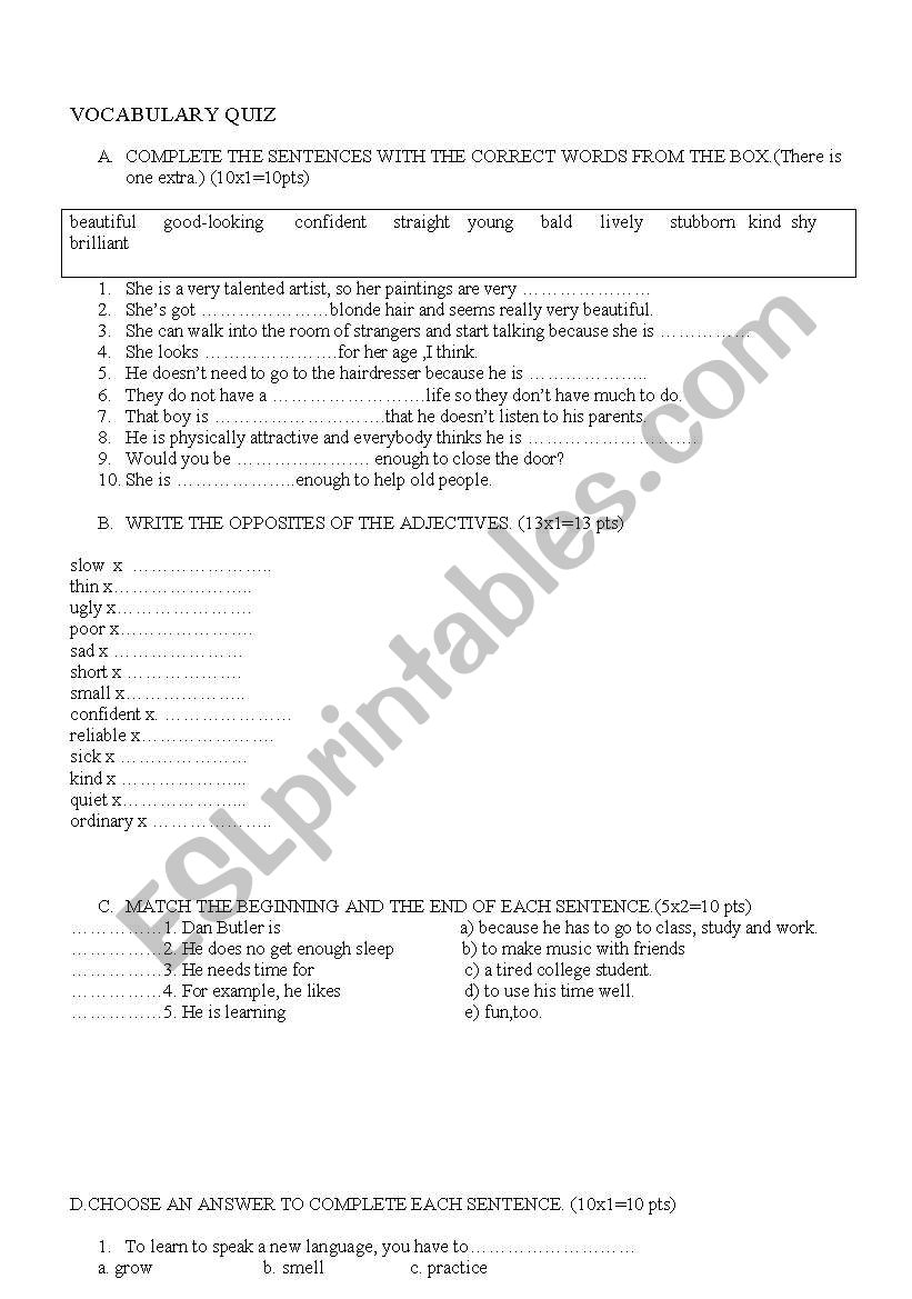 VOCABULARY OUIZ worksheet