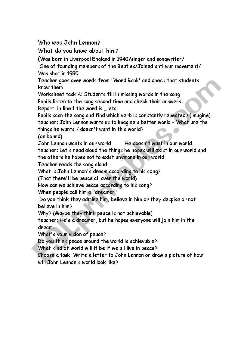 song: Imagine - lesson plan + worksheet