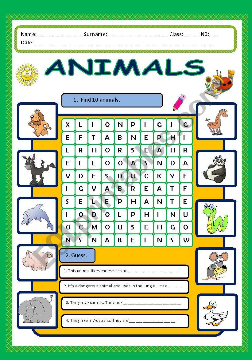 Animals wordsearch worksheet